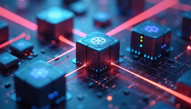 Abstract tech illustration of digital cubes connected by red lines. Represents data processing computing storage. Concept of cloud platforms Kubernetes containers or cybersecurity.