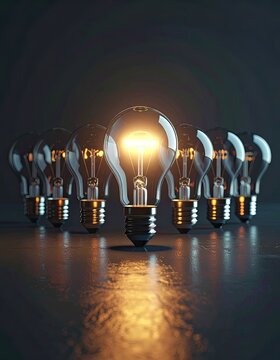 A single illuminated light bulb stands out among a row of unlit bulbs against a dark background.