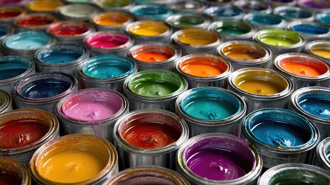 Collection of vibrant open paint cans in a rainbow of rich colors
