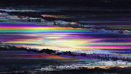 Abstract, glitch-art style composition featuring horizontal streaks with colorful, textured distortions