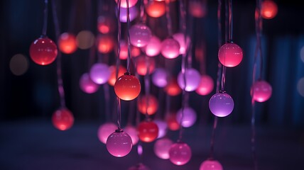 Glowing pink and purple LED light orbs hanging in dark ambience
