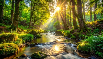 Fototapeta premium Sunbeams pierce through a dense, mossy forest canopy illuminating a clear, flowing stream over river rocks.