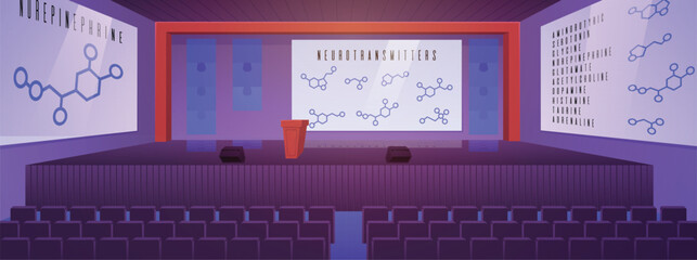 Lecture hall in university or college, vector flat empty auditorium class with medical science presentation on screens