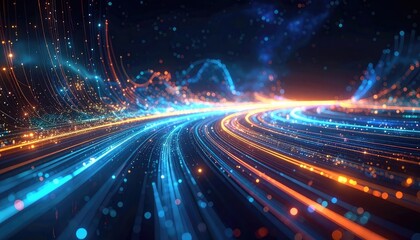 Abstract visualization of vibrant blue and orange light streams moving rapidly through a dark digital space.