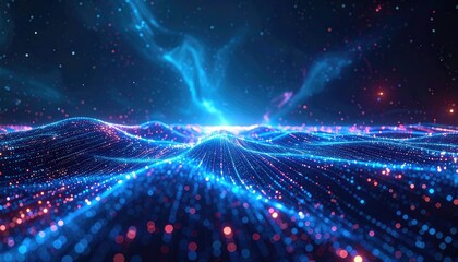 Abstract visualization of a digital data landscape with flowing blue and pink light particles.