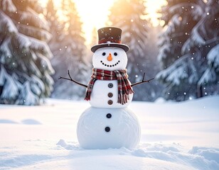 Obraz premium A charming snowman wearing a top hat and scarf stands in a snowy, sunlit forest.