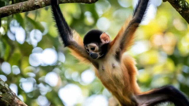 A baby spider monkey clings to a tree branch. The young primate hangs upside down, showcasing its natural habitat and playful nature within the lush jungle.