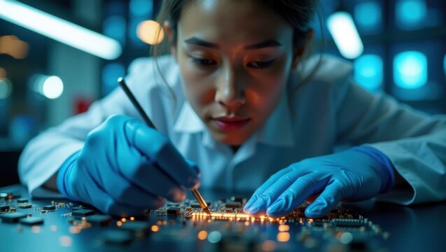 Mujer t&eacute;cnica colocando un microchip plateado en una placa madre