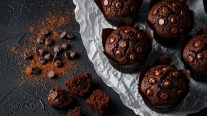 Delectable Chocolate Muffins: A tantalizing array of freshly baked chocolate muffins, crowned with decadent chocolate chips, offers a mouthwatering visual symphony of textures and flavors.