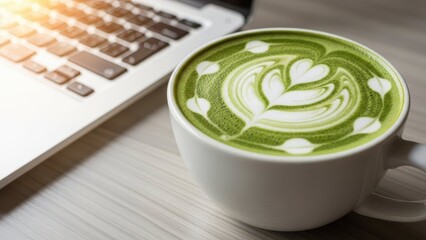 Matcha Latte at Work: A close-up of a beautifully decorated matcha latte, with intricate latte art, sits beside a laptop on a wooden surface, blending work and relaxation.