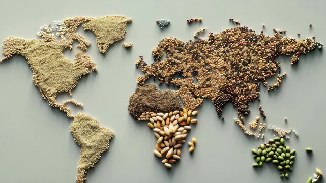 World map made of various seeds and grains on light background