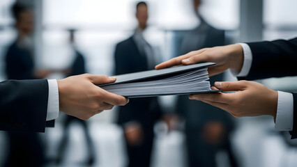 Business professionals exchanging a document binder in a modern office setting