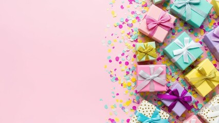 Gifts Galore: An overhead shot showcases an assortment of colorful gift boxes, adorned with ribbons and bows. Vibrant confetti adds a touch of festivity to the scene.