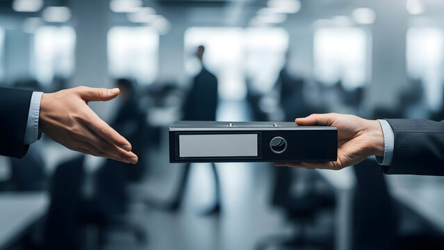 Handing over a binder with important documents in a business setting, representing transfer of responsibility or information