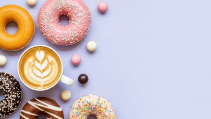 Donut Delights & Coffee: A visual symphony of colorful donuts and a delicate latte art, set against a calming backdrop, representing a moment of indulgence and pleasure.