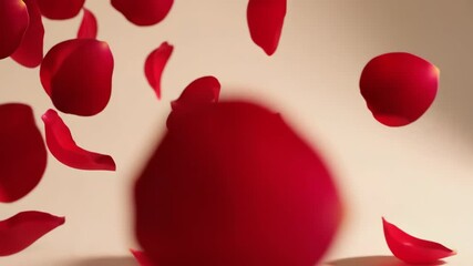Red rose petals falling in slow motion. Romantic floral drop with floating blooms on creamy offwhite background. Love symbol and passion animation for valentines day concept. - Powered by Adobe