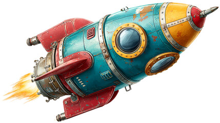 Vibrant retro rocket blasting off with fiery exhaust against the deep black void of space exploration isolated on transparent Background