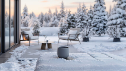 Winter minimalist deck featuring modern furniture and a ceramic coffee cup in a snowy backyard setting