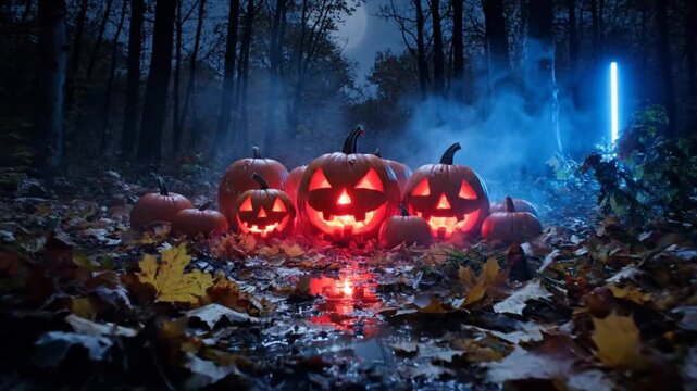 Spooky Halloween scene with glowing carved pumpkins in a misty forest with blue light