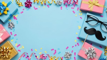 Gifts and Festivities: An array of wrapped presents, scattered confetti, and celebratory decorations come together, framing an open central space ideal for personalized messages or event details.