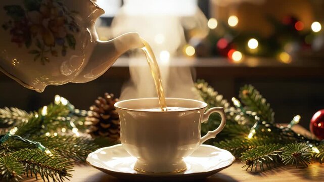 Pouring steaming tea from floral teapot into cup. Cozy Christmas scene with pine branches ornaments and warm lights. Festive winter beverage preparation in holiday setting.