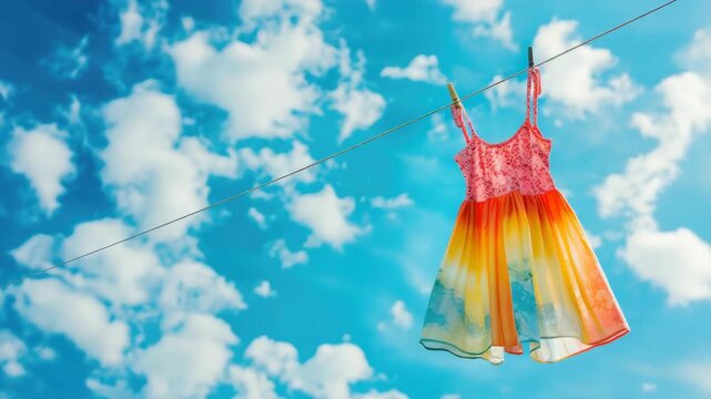Colorful dress hanging on clothesline against blue sky with clouds