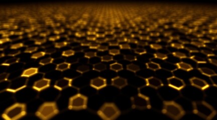 Obraz premium Abstract glowing golden hexagonal grid connecting on a dark background for data network concept and modern technology illustration