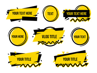 Dynamic geometric yellow and black text box banners for modern vlog titles and gaming stream overlays, featuring sharp angles and vibrant abstract shapes