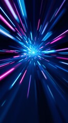 Abstract neon light streaks rush through a dark digital tunnel creating a dynamic background for data transfer concept and technological innovation