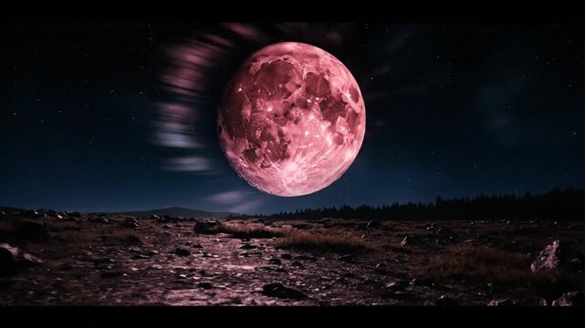 Surreal landscape with a glowing red moon rising above the desolate terrain under a starry night sky