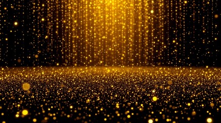 Dazzling golden glitter particles falling and shimmering on an abstract dark stage for luxury event concept and opulent celebration background