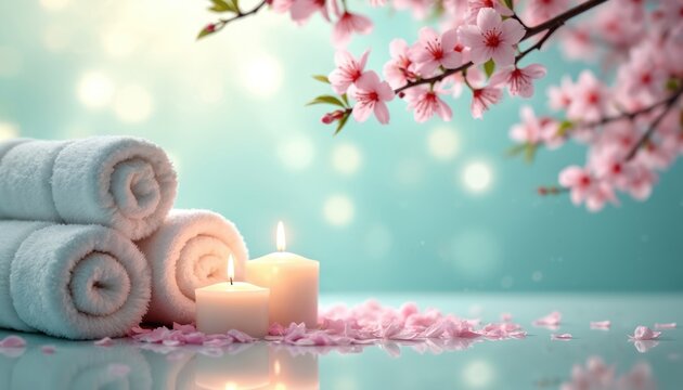 Soft pink cherry blossoms bloom above rolled white towels and lit candles. Delicate petals scatter across reflective surface, creating serene spa ambiance perfect for relaxation and wellness themes. - Powered by Adobe