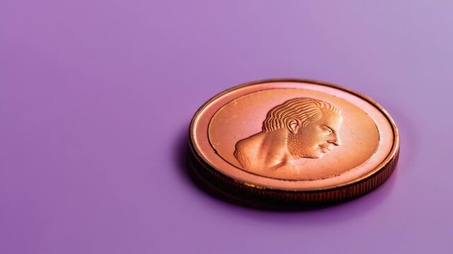 Single coin on purple surface with profile embossed