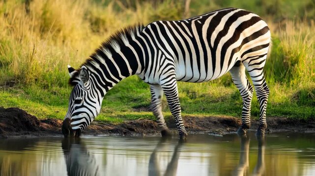 A zebra drinks water from a pool in its natural habitat, showcasing its need for hydration and highlighting animal wildlife behavior.