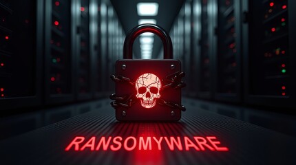 A dark, menacing depiction of a padlock with a skull, symbolizing ransomware threats in a digital environment.