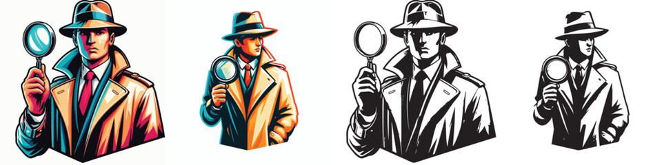 vector and silhouette set of detectives on white background