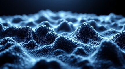 Close-up of blue microscopic spheres creating an undulating textured surface on a dark background for an abstract technology concept and digital visualization
