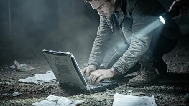 Military journalist man works on laptop on dirty ground with flashlight illumination. War correspondent reporting with digital device from conflict zone.