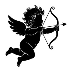 Fototapeta premium Silhouette of cupid with bow and arrow, charming cherub aims arrow with precision, delicate wings spread gracefully. Cupid representation ideal for Valentine's Day celebrations, romantic designs.