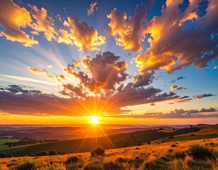Dramatic golden hour sunset over rolling green and amber hills with vibrant sunburst.