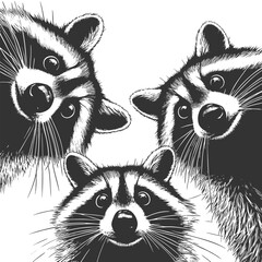 Naklejka premium three raccoons peering downward with wide-eyed expressions, ideal for humor or wildlife themes sketch engraving generative ai vector illustration. Scratch board imitation. Black and white image.