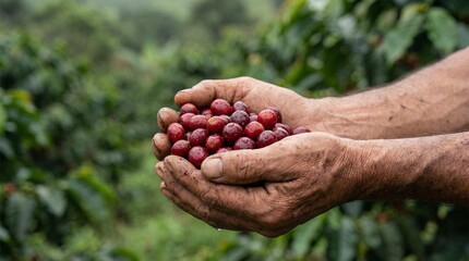 Farmer hands holding fresh ripe red coffee cherries with water droplets in plantation during harvest