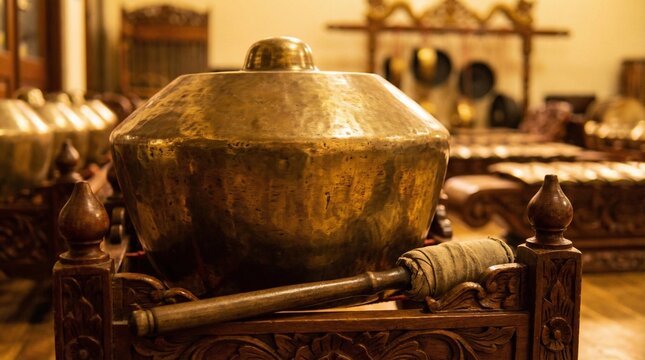 Extreme close up of traditional Indonesian Gamelan Bonang bronze instrument for cultural heritage concept