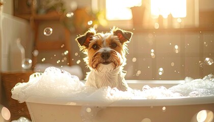 Adorable terrier mix enjoying a bubble bath with bright backlighting.