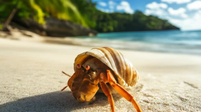 A hermit crab peeks out of its shell while resting on a sandy beach, inviting thoughts of tropical travel and the wonders of marine life.