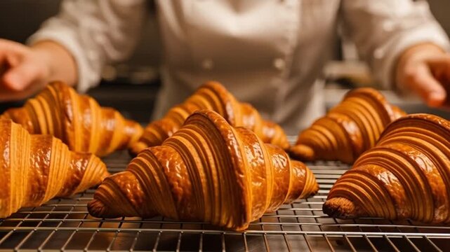 Chef Arranges Freshly Baked Golden Croissants on Cooling Rack in Professional Kitchen