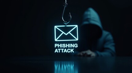 A male figure in a hoodie is obscured in shadows, with a glowing sign of an email icon indicating a phishing attack.