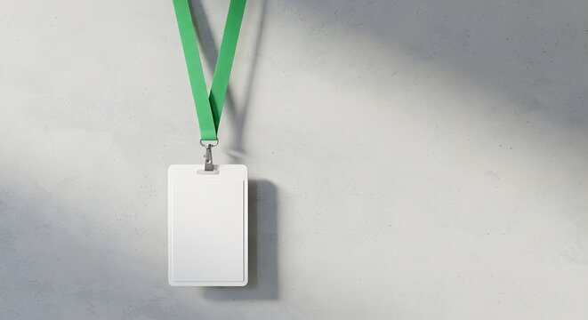 Corporate event ID badge template with green lanyard on textured gray wall