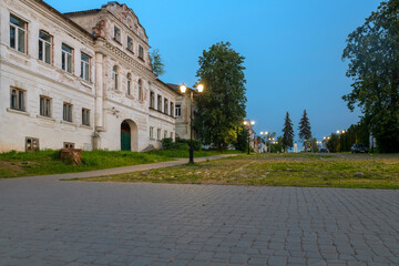 View of merchant houses on Moskovskaya street on a summer evening. Kalyazin, Tver region, Russia