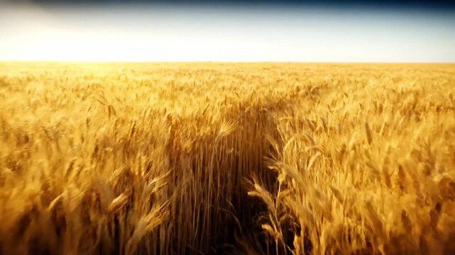 Golden wheat field under sky. Agriculture landscape of grain crop harvest.